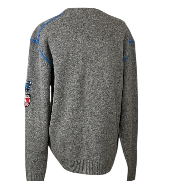 State of Art Men’s Pure Wool Sweater Size M Gray Blue Trim St. Moritz Patch - Picture 3 of 11